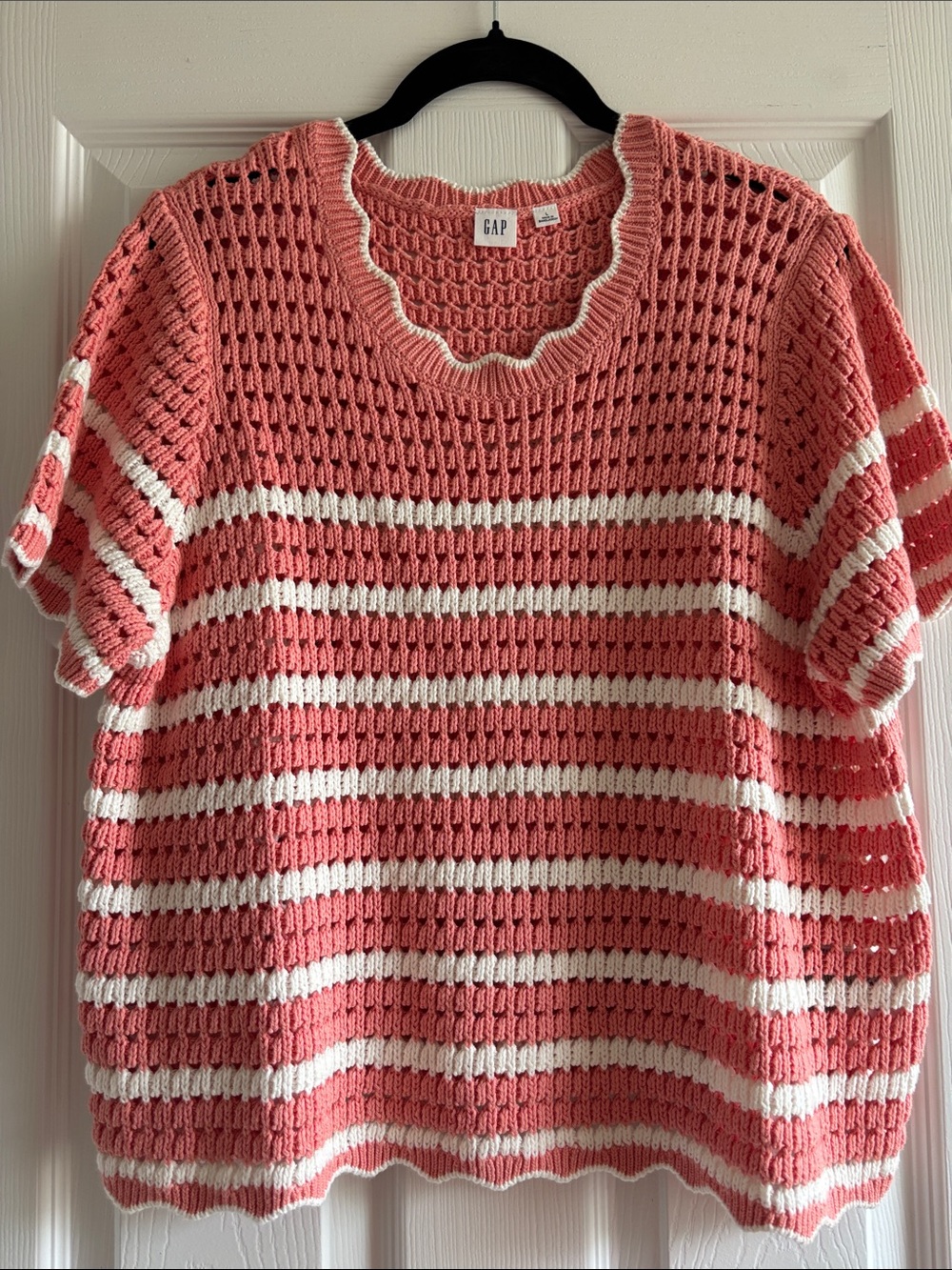 GAP Factory Pink and White Striped Crochet Crew Neck Sweater